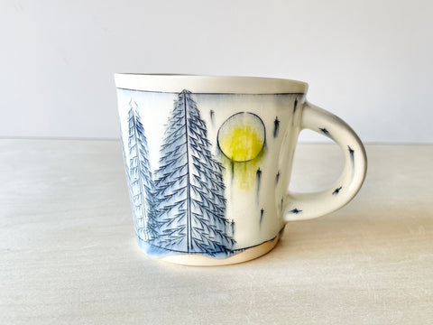 Starry night sky, pine trees, & sunshine mug (10 oz)